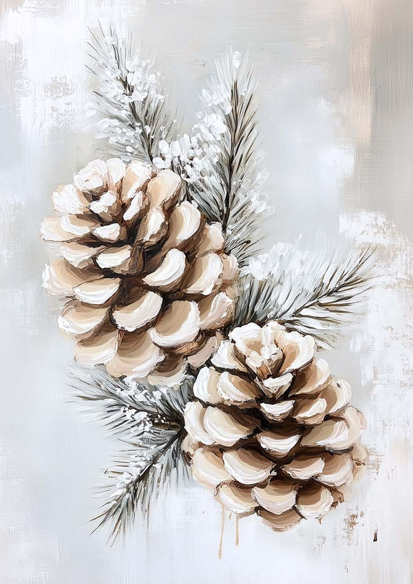 Two frosted pinecones with snowy pine branches, evoking a wintry, festive atmosphere.