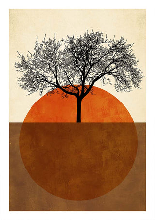 Abstract art print "Sommermorgen" by Boris Draschoff featuring a tree silhouetted over a divided orange circle.