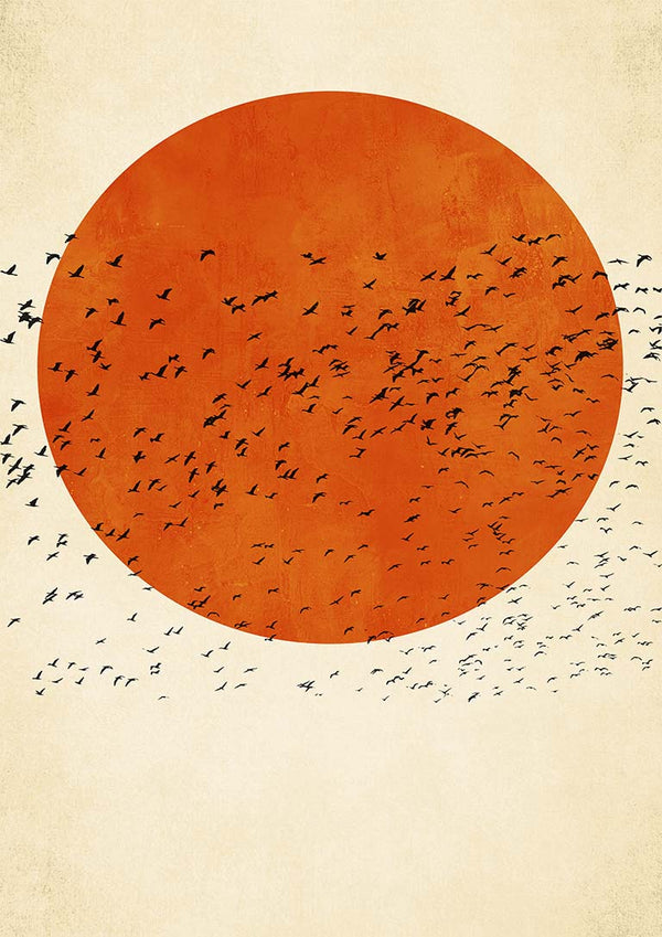 Illustration of birds flying across a large orange sun, artwork titled "Birds In the Sun" by Boris Draschoff.
