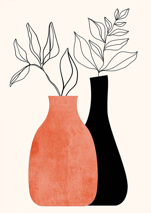 Minimalist art print of two vases, one terracotta and one black, with simple leafy branches.