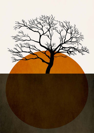 Minimalist artwork of a bare tree with branches, set against an orange and brown circular background.