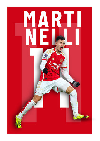 Poster of Martinelli in an Arsenal kit celebrating, with his name and number 11 in bold white text.
