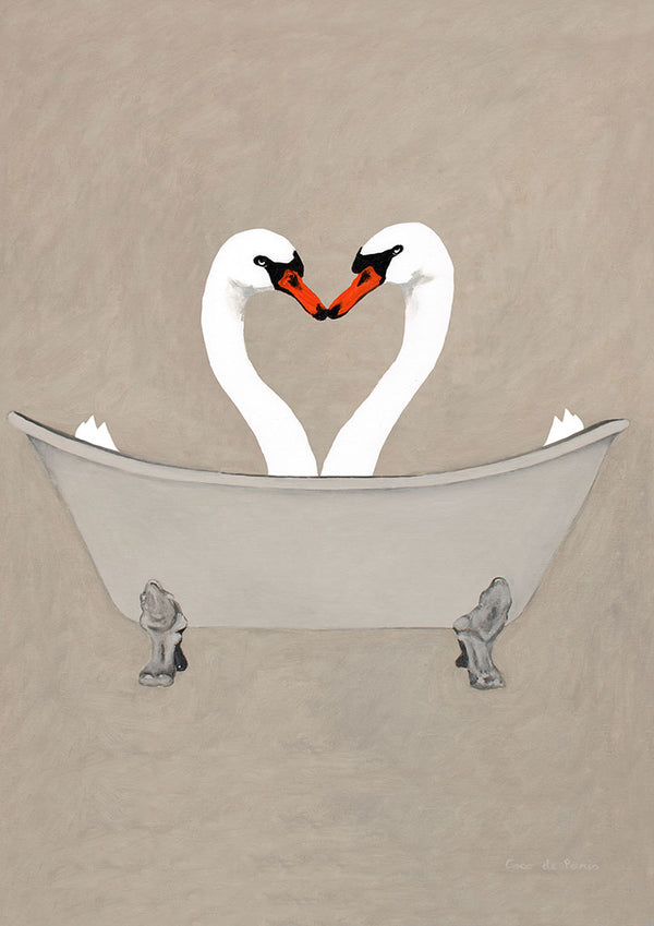 Two swans forming a heart shape with their necks while sitting together in a vintage-style bathtub.