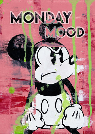 Grumpy cartoon mouse with "Monday Mood" text on a pink, paint-splattered background. Art by Daniel Leo.