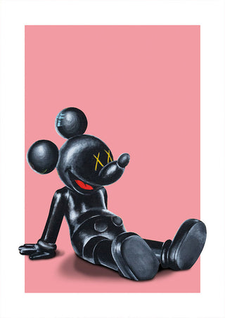 Kawsey Relax by Daniel Leo: Black cartoon figure sculpture lounging against a pink background.