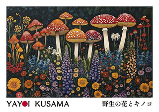 Colorful mushrooms and wildflowers in a vibrant, dotted pattern artwork by Yayoi Kusama from Infinity series.