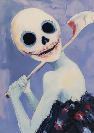 Surreal artwork for Sun Dima - Martin Zen showing a skeletal figure holding a blood-stained scythe against a purple background.