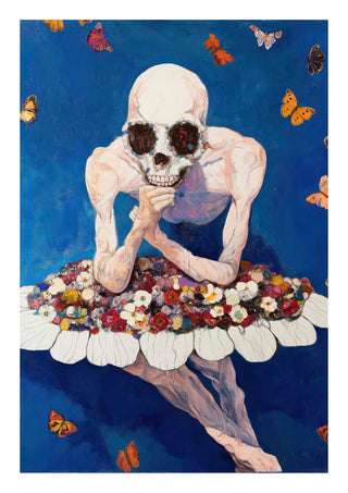 Painting of a skeletal ballerina with flower tutu, surrounded by butterflies, set against a blue background.