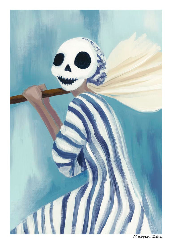 Painting of a figure in striped clothing holding a broom, wearing a skull mask. Art by Martin Zen for Skt. Hans.