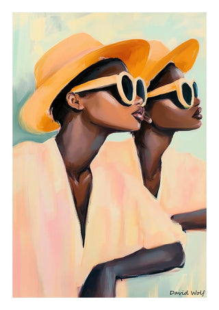 Painting of two women in yellow hats and sunglasses, side by side. Artwork by David Wolf for Hey Look.