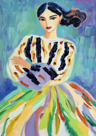Colorful abstract portrait of a woman in a multicolored dress, featured on All Colors Baby by David Wolf.