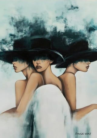 Abstract painting of three women in black hats, their faces partly obscured, by David Wolf for Three Hats product page.