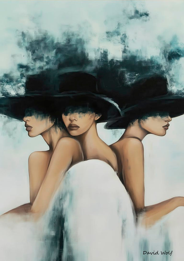 Abstract painting of three women in black hats, their faces partly obscured, by David Wolf for Three Hats product page.