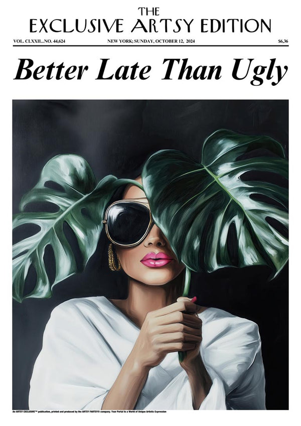 A stylish woman in sunglasses holds large leaves, featured on the Better Late Than Ugly Blogger Edition product page.