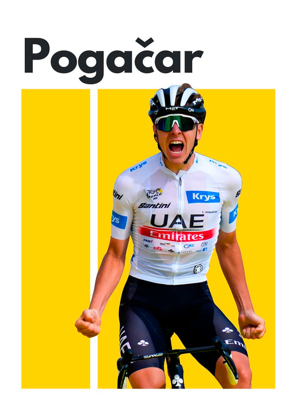 Tadej Pogačar celebrating in UAE Team Emirates cycling kit, featured on a yellow background poster.
