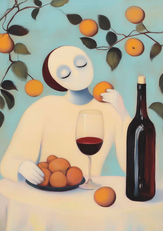 Abstract figure with oranges, a glass of red wine, and a wine bottle on a table under fruit-laden branches.