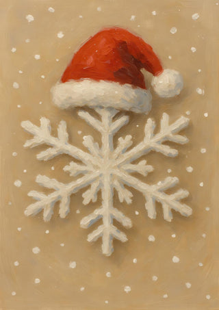 White snowflake wearing a red Santa hat, surrounded by falling snow on a beige background.
