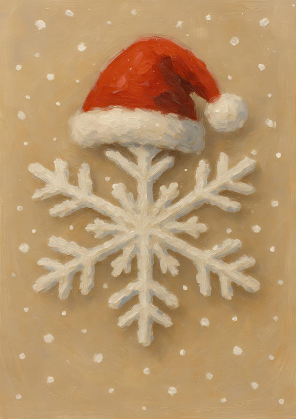 White snowflake wearing a red Santa hat, surrounded by falling snow on a beige background.