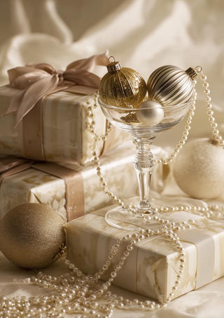 Elegant ornaments and pearl garlands displayed with beautifully wrapped presents in soft, festive lighting.