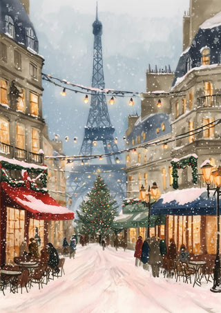 Festive Paris street with Christmas lights, Eiffel Tower in background, snowy cafes, and decorated tree.