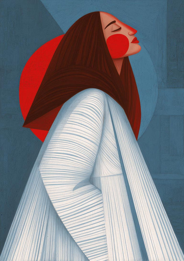 Abstract portrait of a woman in white with long brown hair, red cheeks, and a red sun behind her on a blue background.