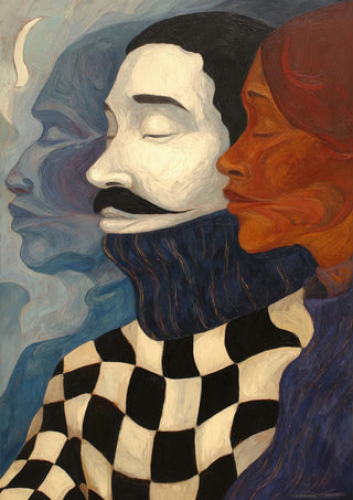 Abstract art of two serene faces, one with a checkerboard shirt, featured on "Mind Your Business - Martin Zen" product page.