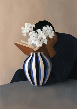 Painting of a person reading behind a striped vase with white flowers, featured on the Flower Reading product page.
