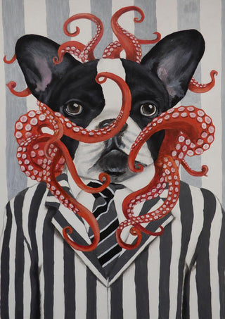 French Bulldog in a striped suit and tie with red octopus tentacles around its face, Coco de Paris art.