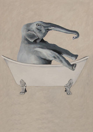 Illustration of an elephant relaxing in a white clawfoot bathtub, artwork by Coco de Paris.