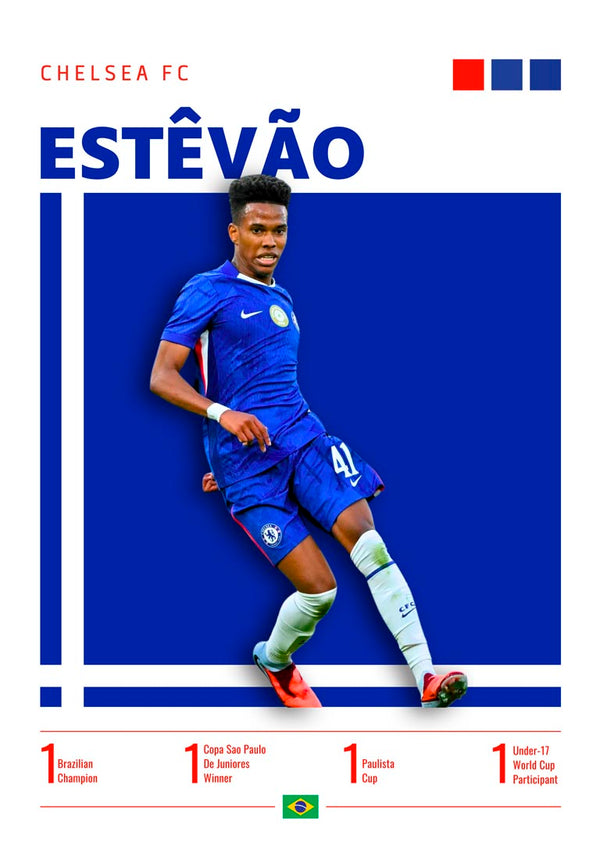 Poster featuring Estêvão in a Chelsea kit, with achievements and Brazil flag, titled "Estêvão - Chelsea FC".