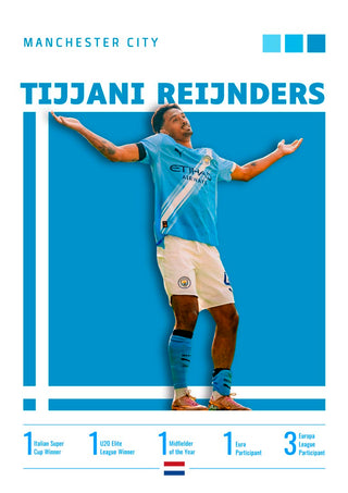 Poster of Tijjani Reijnders celebrating in a Manchester City kit, with career stats and team colors displayed.