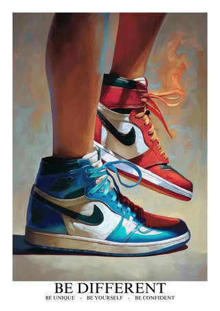 Poster of mismatched Nike-style sneakers with "Be Different" and motivational text below, by Martina Karlsson.