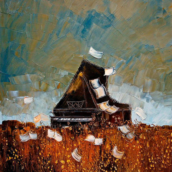 Impressionist painting of a grand piano in a field with flying sheet music, by Justyna Kopania.