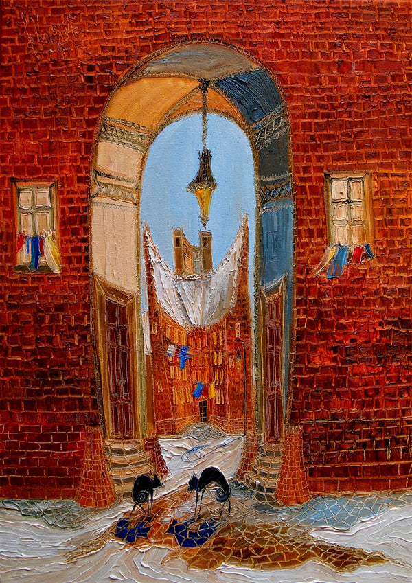 Oil painting of two cats eating near a brick archway, with laundry hanging and colorful buildings in the background.