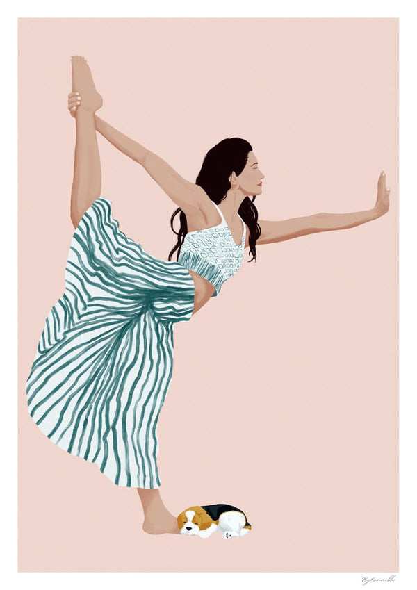 Woman practicing yoga pose in flowing skirt with a small dog resting by her feet on a pink background.