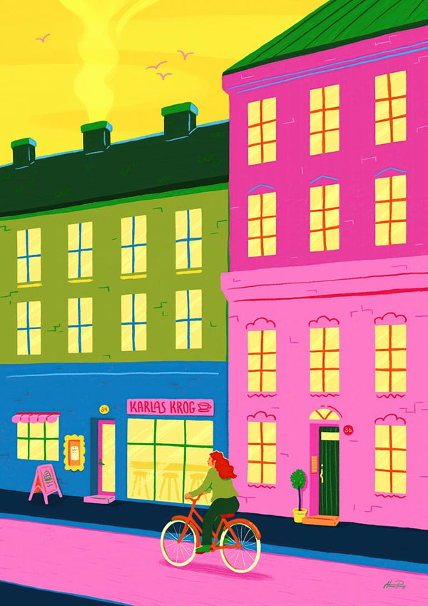 Illustration from "Home Through The City" by Nanna Paavig, showing a woman biking past colorful city buildings.