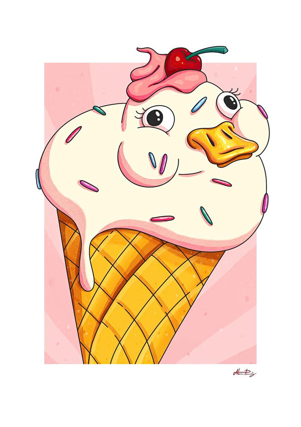 Illustration of Waffle Duck, a duck-shaped ice cream cone with sprinkles and a cherry on top.