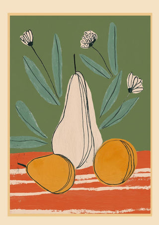 Abstract illustration of pears and flowers on a striped surface with green background, by Branka Kodžoman.