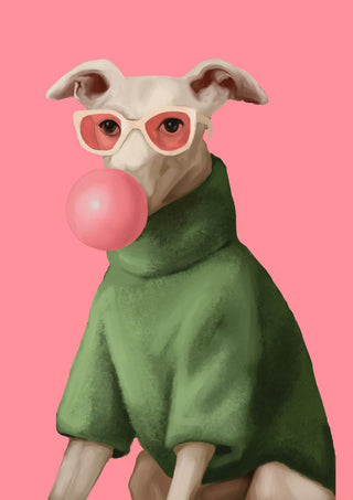A dog in pink glasses and a green sweater blows bubblegum on a pink background.