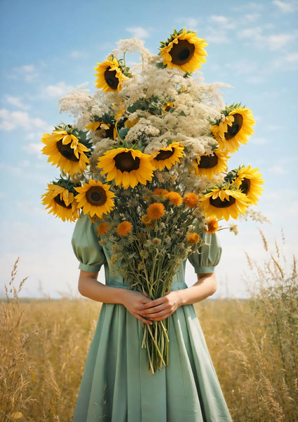 Person in a green dress holding a large bouquet of sunflowers and wildflowers in a sunny field.