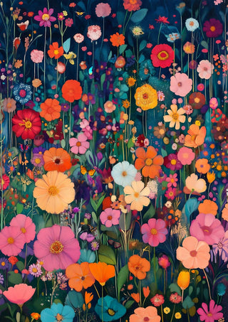 Colorful wildflowers in full bloom against a dark background, featured artwork for Summer Dreams by Annika Persson.