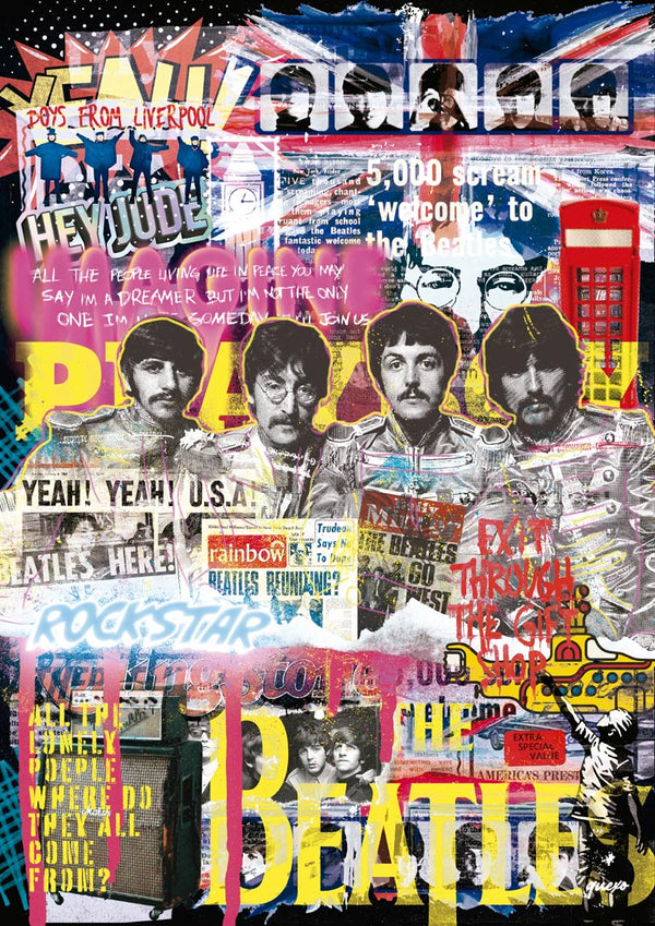 Colorful collage of The Beatles with British icons and text, promoting the Beatles Novo - Ricardo Noble product.