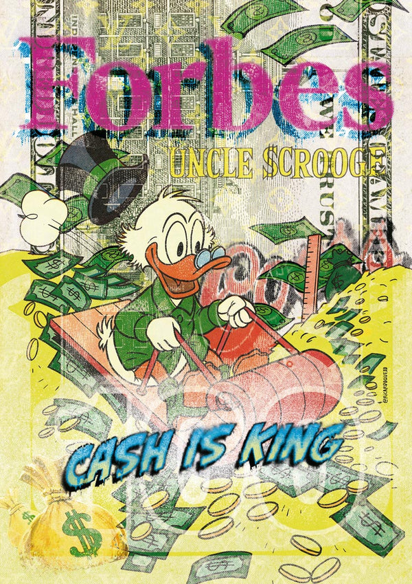 Cartoon duck Uncle Scrooge on a pile of money, with "Forbes," "Uncle Scrooge," and "Cash is King" text.