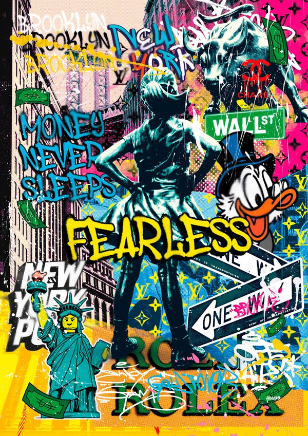 Colorful urban collage featuring the Fearless Girl statue, graffiti text "FEARLESS," and pop art elements.