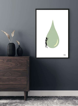 Sara Sonne - Lean in art poster on dark wall above wooden dresser, featuring figure leaning on large drop shape.