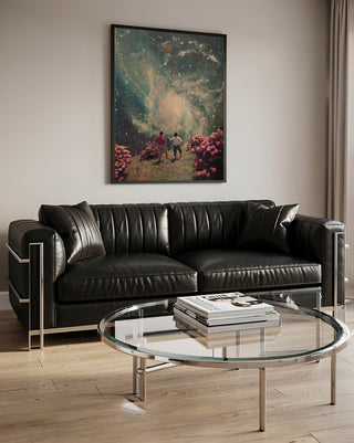 There Will Be Light In the End - Frank Moth art print hanging above a black leather sofa in a modern living room.