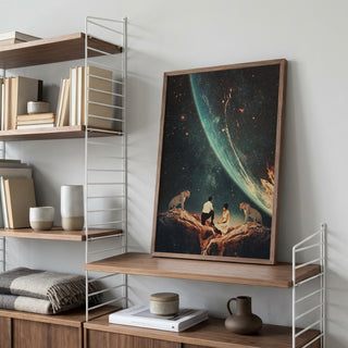 Framed "Guardians of Our Future" artwork by Frank Moth displayed on a wooden shelf in a modern room.