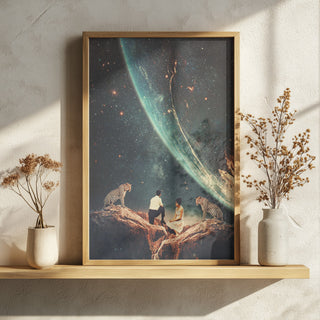 Framed "Guardians of Our Future" art print featuring people and leopards on branches under a cosmic sky.