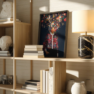 Framed print of "Your Head Was Full of Colours That Had No Names" by Frank Moth on a modern wooden shelf.