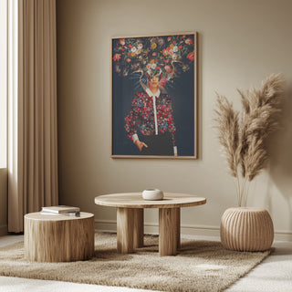 Framed artwork "Your Head Was Full of Colours That Had No Names" by Frank Moth in a modern living room.
